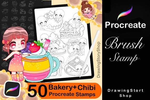 50 Procreate Bakery Chibi Pose Stamps