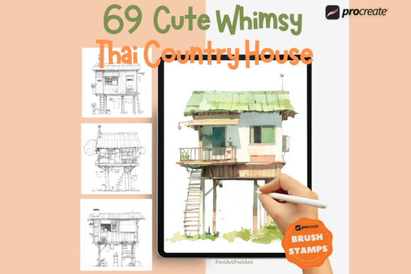 69 Cute Whimsy Thai Country House Procreate Brush Stamps: A Creative Toolkit for Modern Digital Artists