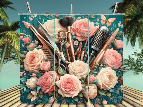 Pink Rose Makeup Brushes Tumbler Wrap: A Creative Digital Design for 20oz Tumblers